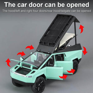 High-quality miniature replica of a Tesla Cybertruck in a unique light green color, featuring realistic design and a bed that lifts, ideal for display or children's vehicle play from Usmile Toys.www.usmile.toys