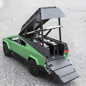 Collectible die-cast Tesla Pickup Classic toy truck in a modern matte green finish, showcasing its futuristic design and an articulating rear bed, available at Usmile Toys. www.usmile.toys