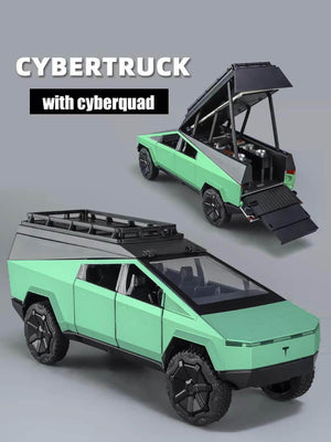 Collectible die-cast Tesla Pickup Classic toy truck in a modern matte green finish, showcasing its futuristic design and an articulating rear bed, available at Usmile Toys. www.usmile.toys