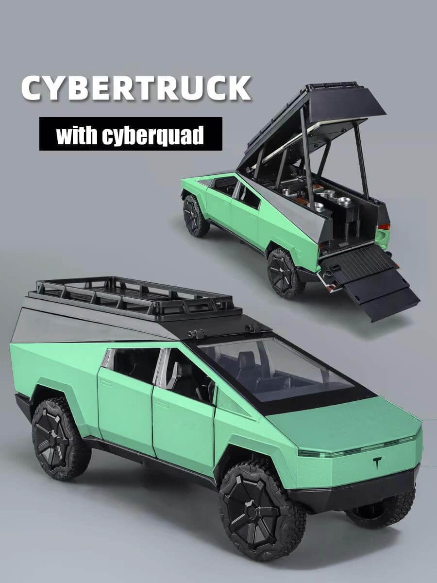 Collectible die-cast Tesla Pickup Classic toy truck in a modern matte green finish, showcasing its futuristic design and an articulating rear bed, available at Usmile Toys. www.usmile.toys