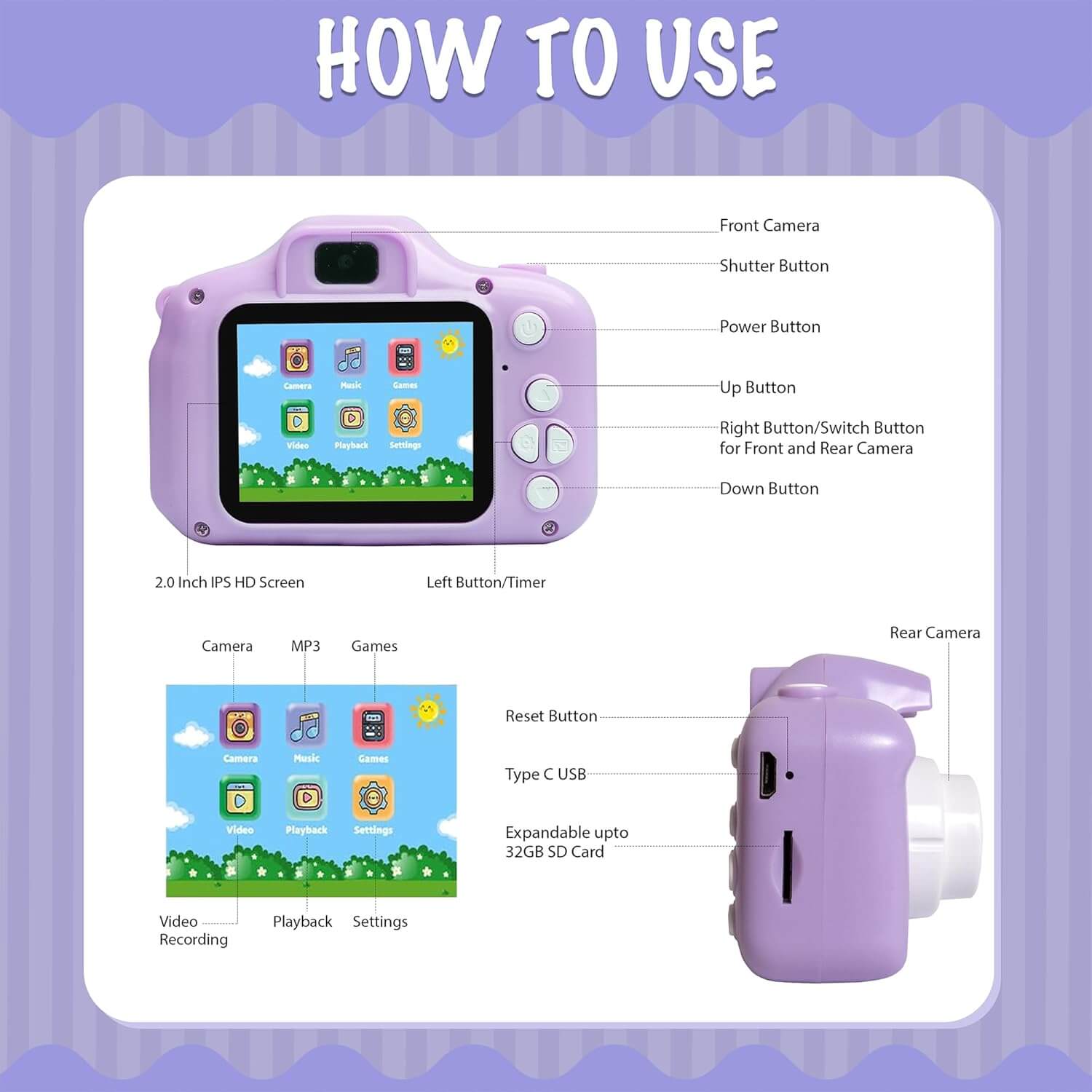 Cute pink kids' digital camera featuring a 1080P HD lens and a playful unicorn design with rainbow and clouds, shown with its included neck strap and USB charging cable. www.usmile.toys