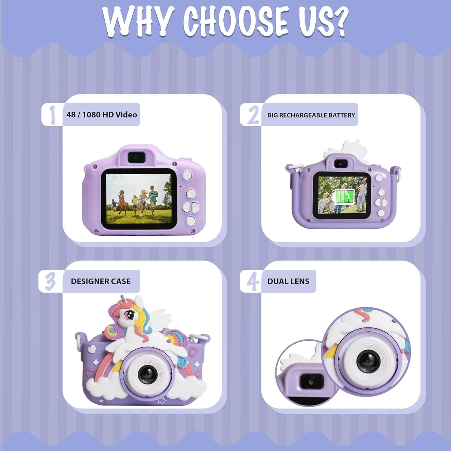 Cute pink kids' digital camera featuring a 1080P HD lens and a playful unicorn design with rainbow and clouds, shown with its included neck strap and USB charging cable. www.usmile.toys
