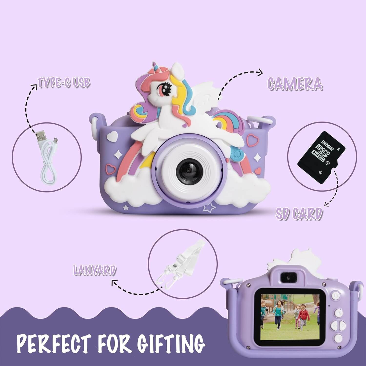Cute pink kids' digital camera featuring a 1080P HD lens and a playful unicorn design with rainbow and clouds, shown with its included neck strap and USB charging cable. www.usmile.toys