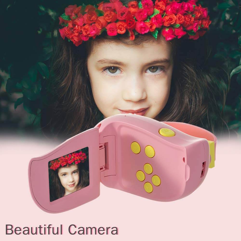 Pink Digital Kids A100 Video Camera Toy, USB rechargeable, designed for toddlers with a flip-out screen and easy-to-use buttons, ideal for capturing childhood memories. www.usmile.toys