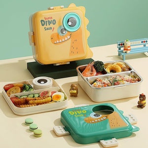 Durable SS insulated kids bento boxes with cheerful dinosaur characters, featuring multiple compartments for school meals. www.usmile.toys