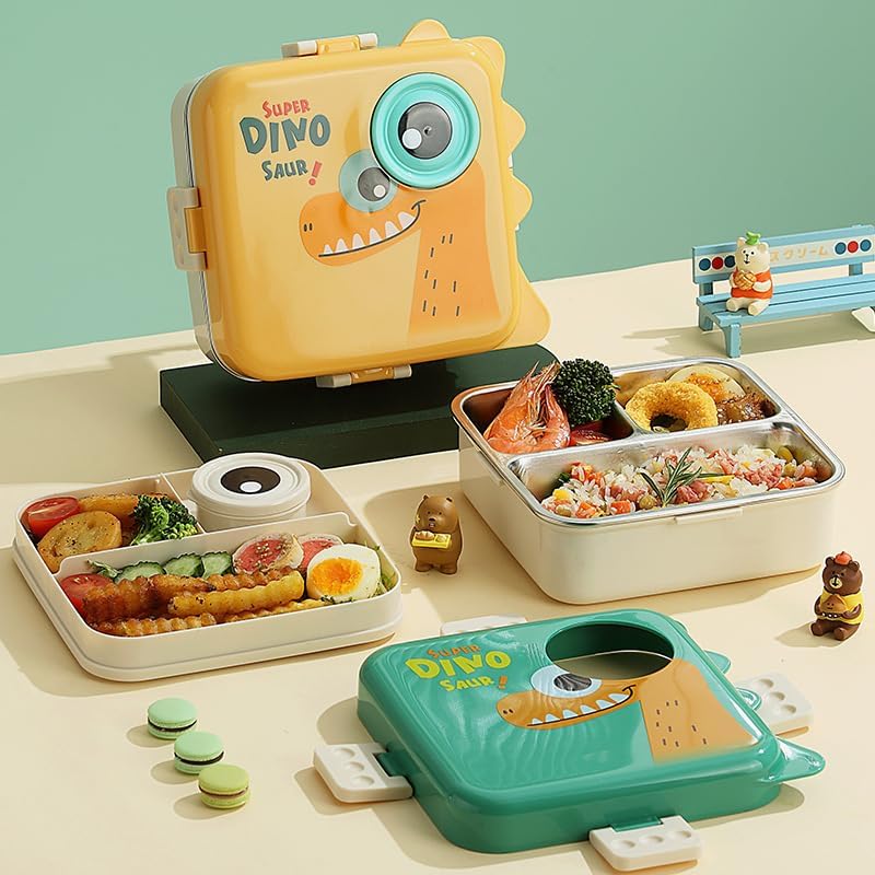 Durable SS insulated kids bento boxes with cheerful dinosaur characters, featuring multiple compartments for school meals. www.usmile.toys