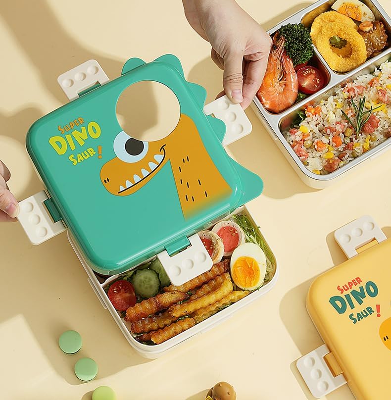 Durable SS insulated kids bento boxes with cheerful dinosaur characters, featuring multiple compartments for school meals. www.usmile.toys