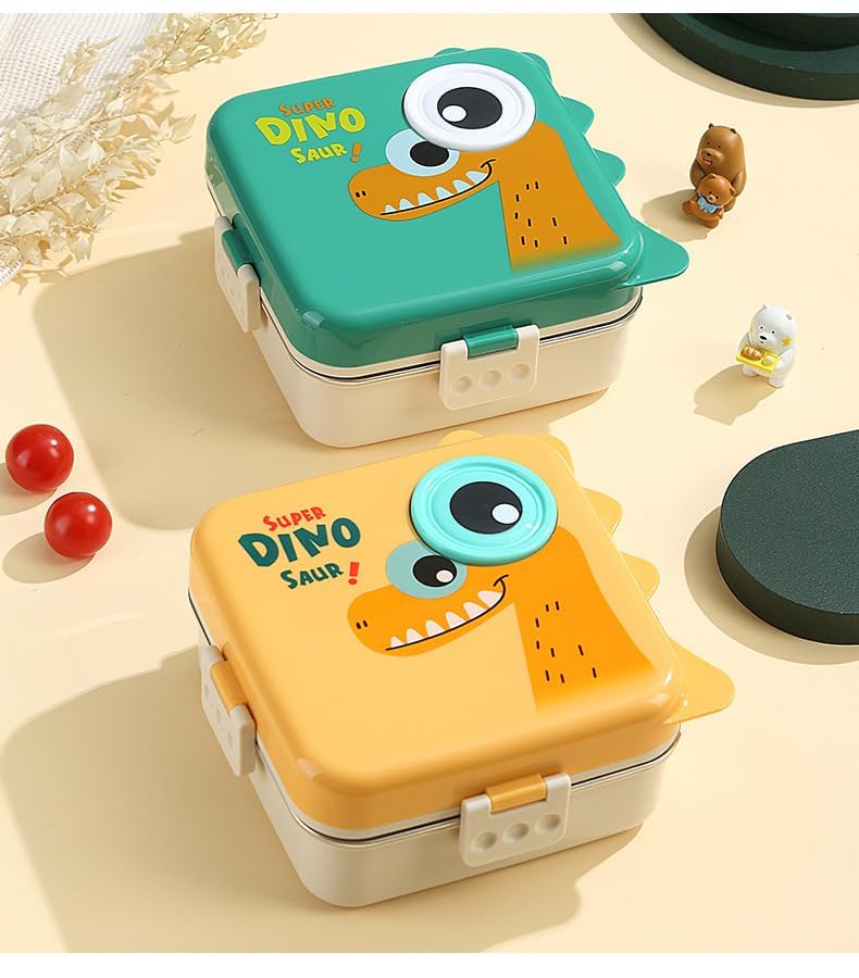 Fun dinosaur-themed insulated lunch containers for children, keeping meals fresh and organized for school adventures.www.usmile.toys