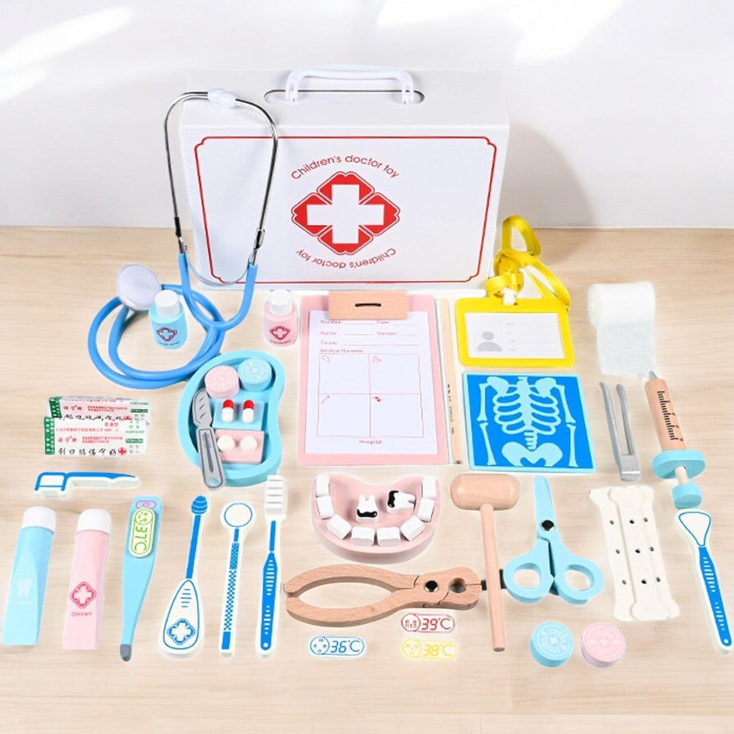 White box for a Usmile Toys Children's Doctor Toy, featuring a red medical cross logo, indicating a doctor or dentist play set for kids." www.usmile.toys
