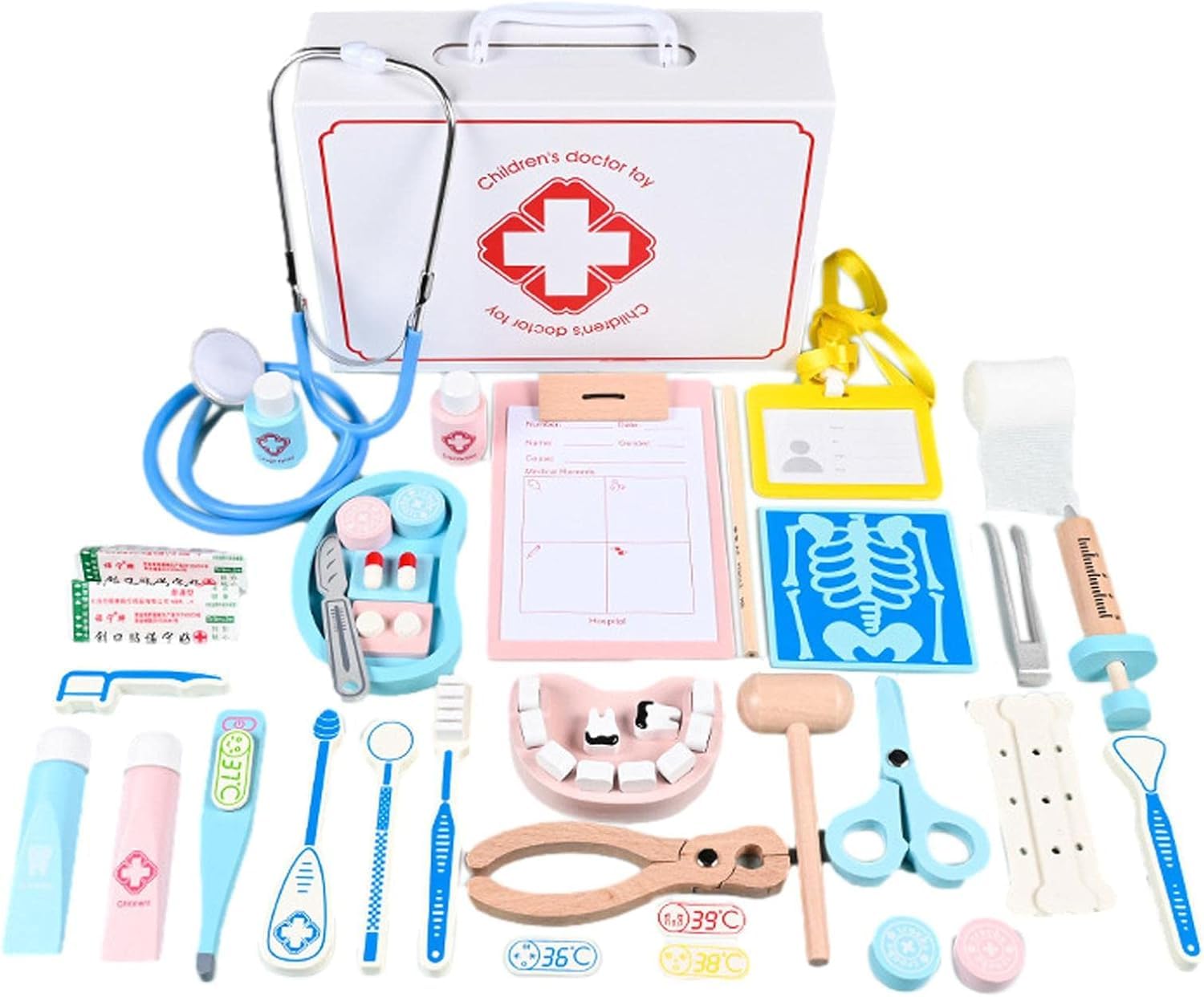 Packaging for a Kids Doctor Kit by Usmile Toys, likely containing a wooden dentist set with a working stethoscope, promoting imaginative role-play."