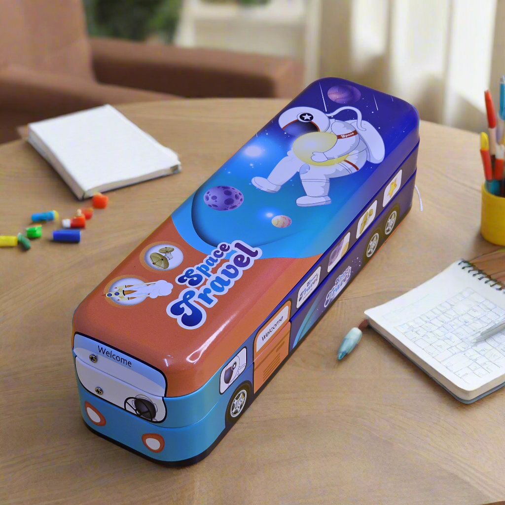 Multifunctional double-layer pencil box designed like a school bus, featuring pull-along action and rolling wheels for added play value www.usmile.toys