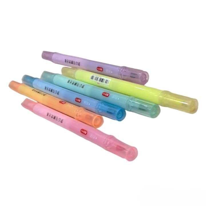 Set of 6 pastel-colored erasable highlighters with double-headed tips (fine and broad) in clear packaging, ideal for school and office. Available at uSmile.toys." www.smile.toys