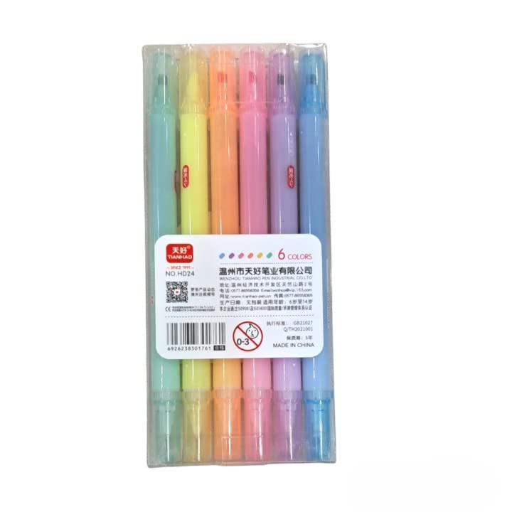 Set of 6 pastel-colored erasable highlighters with double-headed tips (fine and broad) in clear packaging, ideal for school and office. Available at uSmile.toys." www.smile.toys