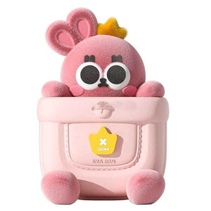 Close-up of a lightweight children's backpack made of durable EVA material, in the shape of a cheerful pink rabbit with a yellow crown detail, ideal for school, travel, or everyday use from Usmile Toys.www.usmile.com