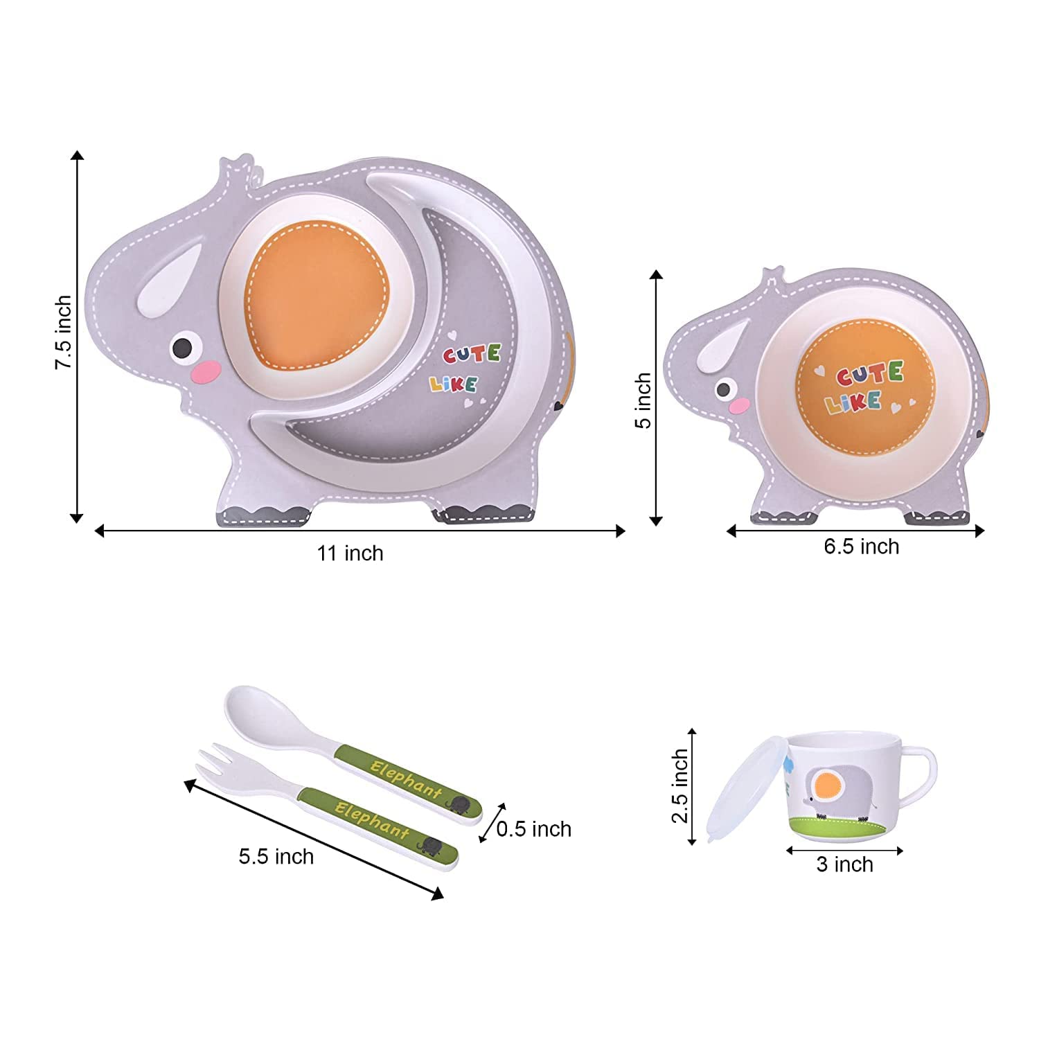 Kids' Elephant Themed Dinnerware: Plate shaped like an elephant, bowl, cup with lid, and elephant-decorated utensils. Fun meal set.
www.usmile.toys