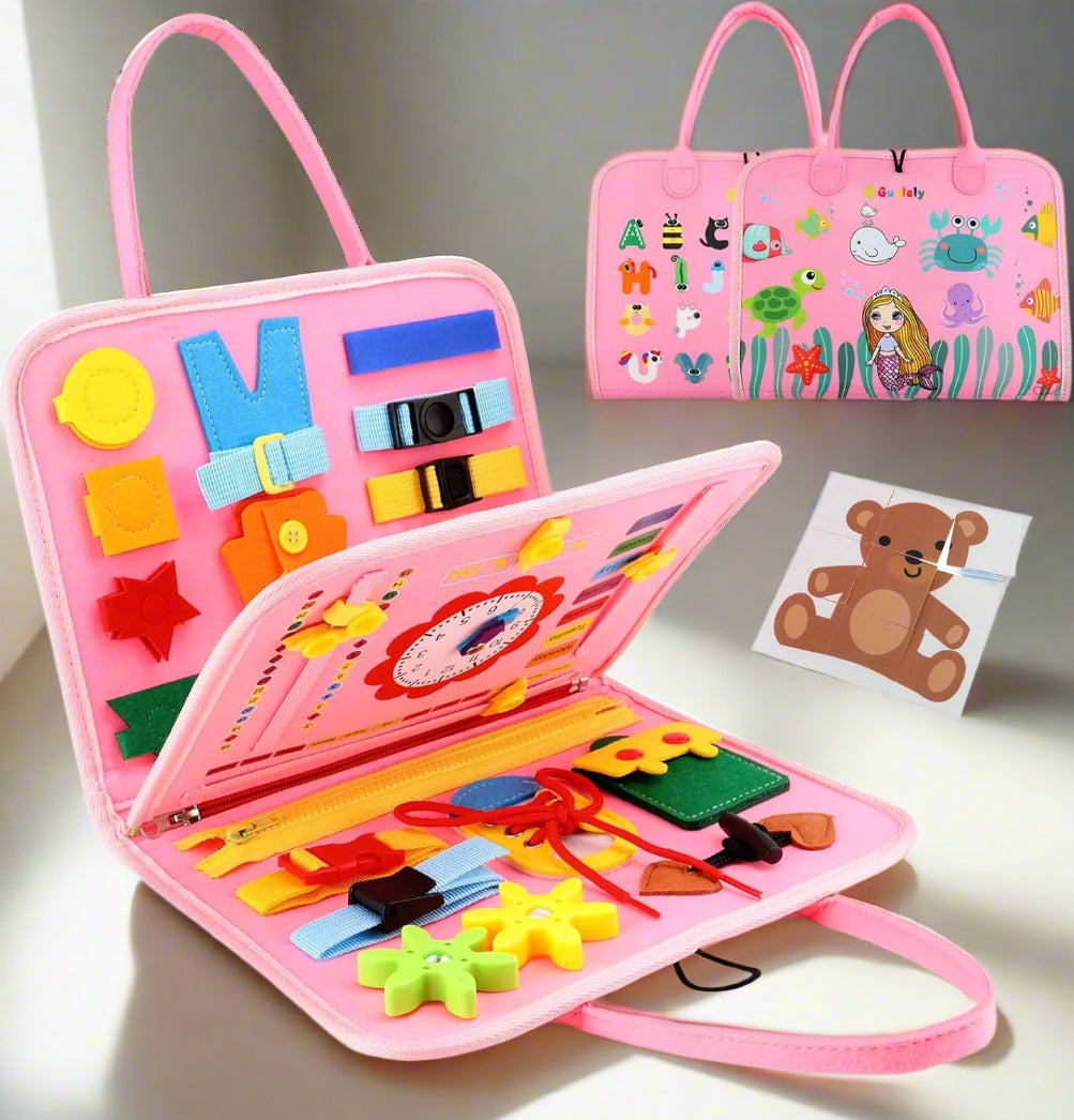 Pink educational activity book for toddlers, featuring buckles, zippers, laces, and shape matching for fine motor skill development by Usmile Toys." www.usmile.toys