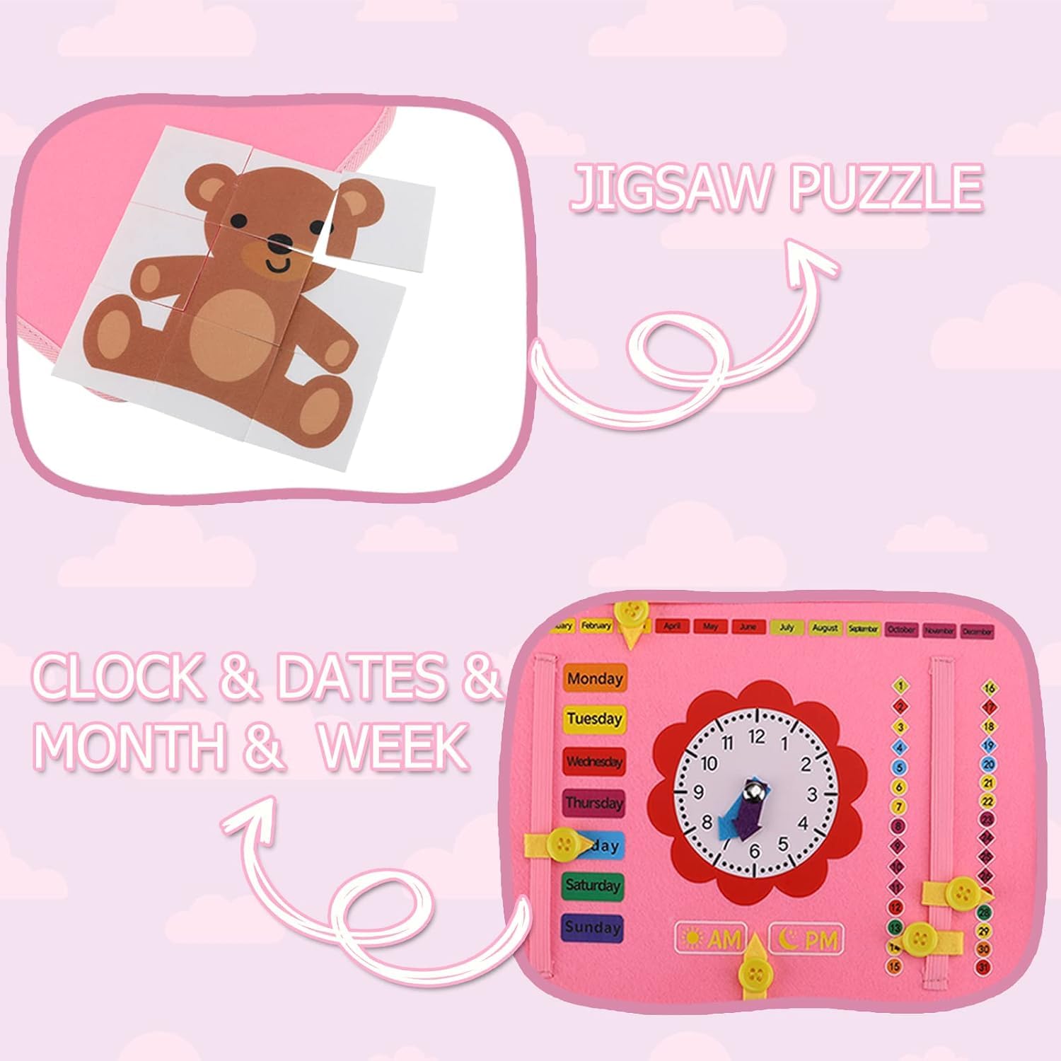 Pink educational activity book for toddlers, featuring buckles, zippers, laces, and shape matching for fine motor skill development by Usmile Toys.