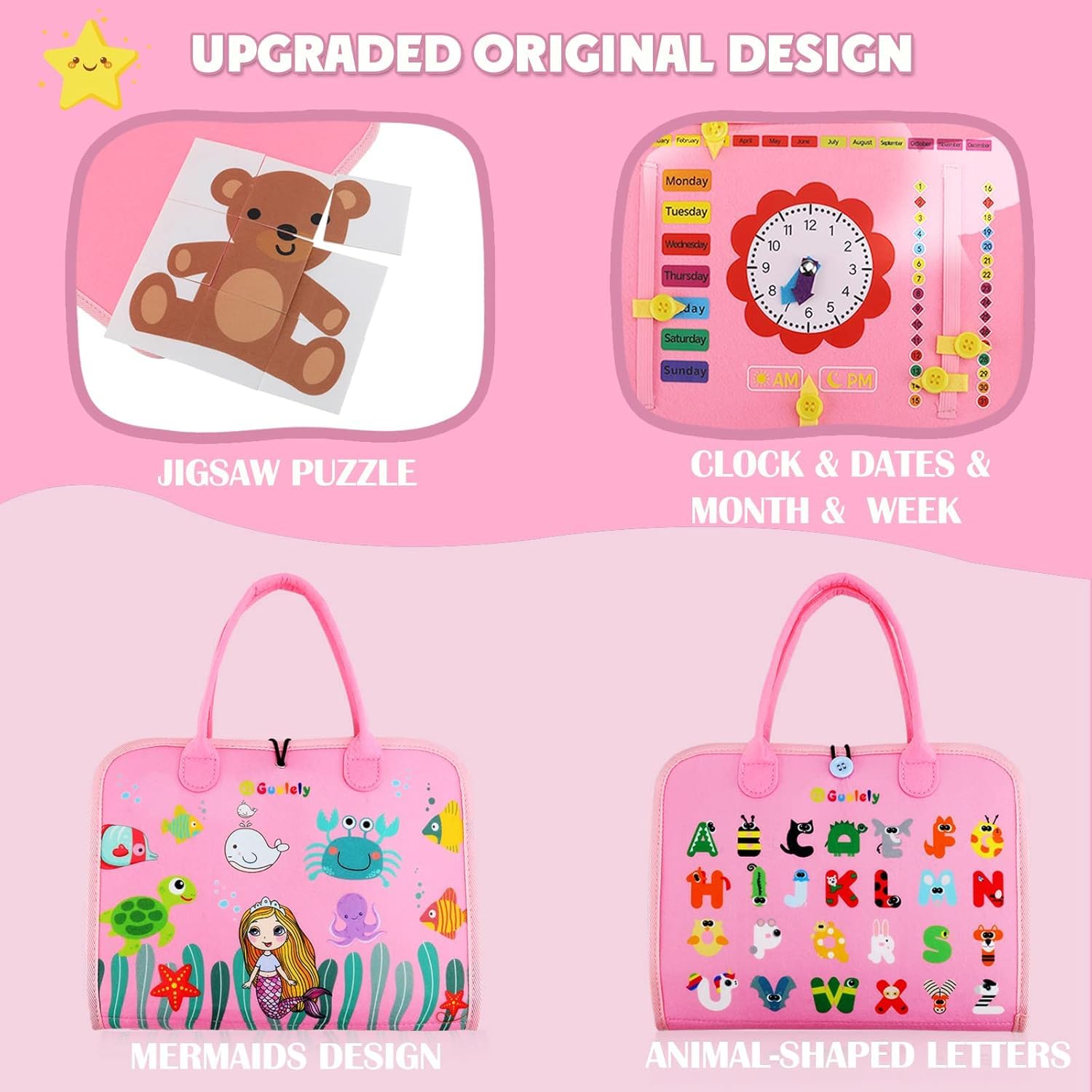 Pink educational activity book for toddlers, featuring buckles, zippers, laces, and shape matching for fine motor skill development by Usmile Toys." www.usmile.toys