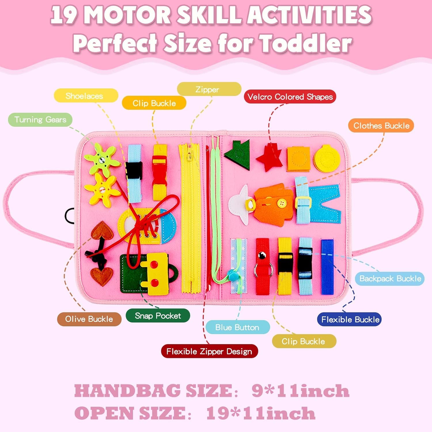 "Interactive toddler learning toy: a portable felt activity book with various fasteners and sensory elements, promoting early education and practical life skills from Usmile Toys."