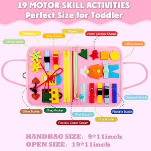 "Interactive toddler learning toy: a portable felt activity book with various fasteners and sensory elements, promoting early education and practical life skills from Usmile Toys."