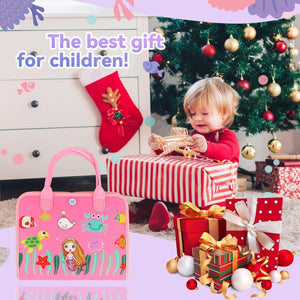 Usmile Toys educational busy board book for 1-3 year olds, open to show colorful felt activities including buttons, snaps, shoelaces, and an abacus clock." www.usmile.toys