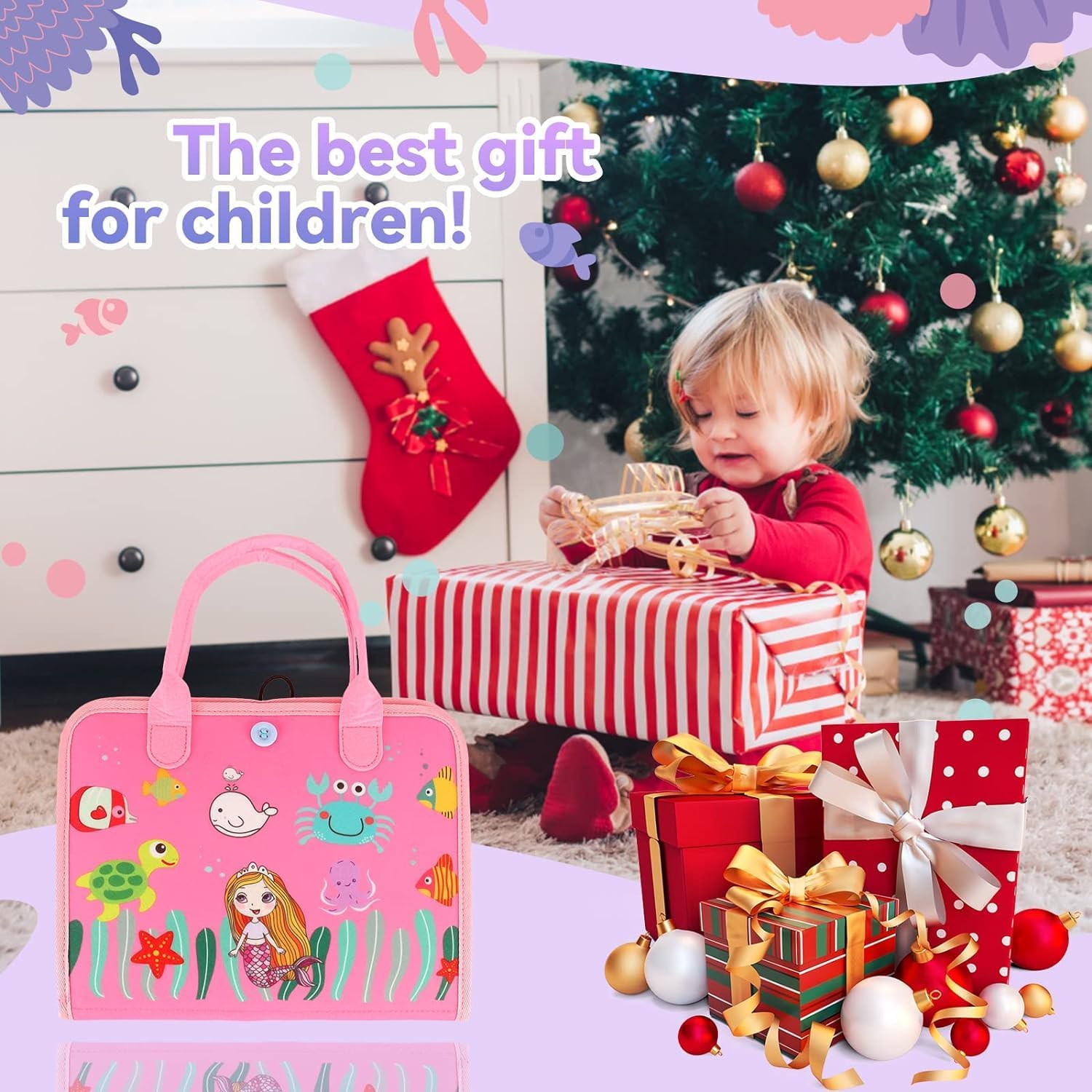 Usmile Toys educational busy board book for 1-3 year olds, open to show colorful felt activities including buttons, snaps, shoelaces, and an abacus clock." www.usmile.toys