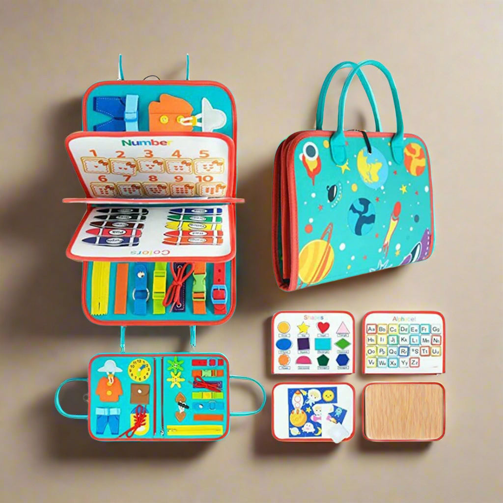 Colorful educational activity book for toddlers, featuring numbers, colors, shapes, and an alphabet board for early learning development by Usmile Toys." www.usmile.toys