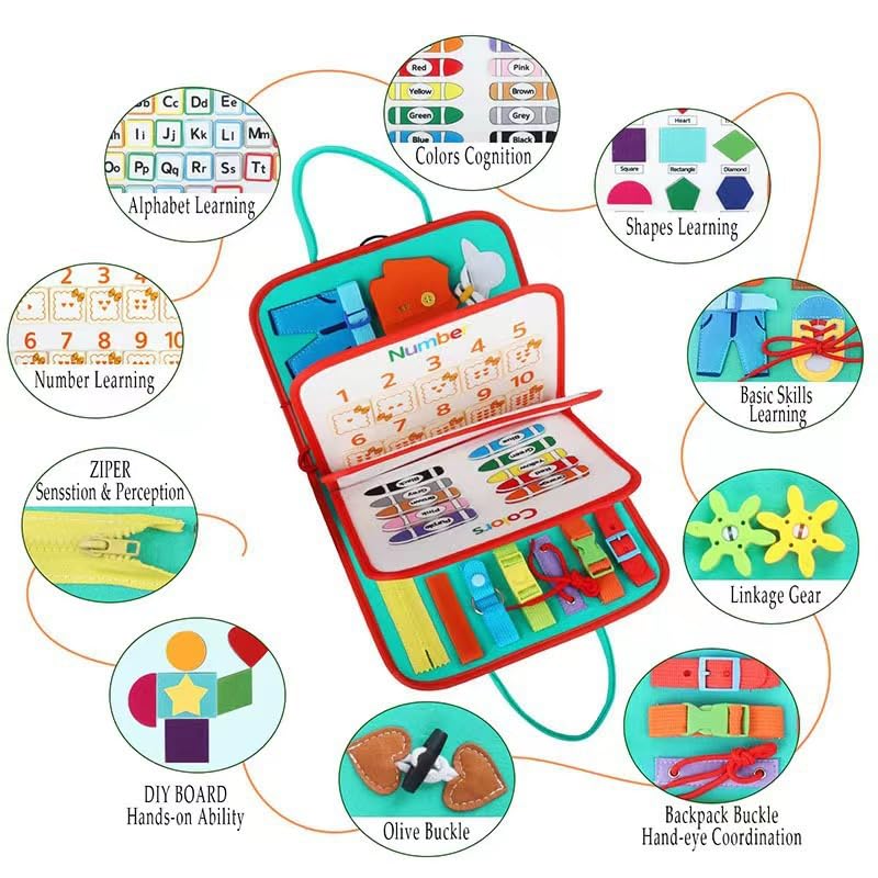 Colorful educational activity book for toddlers, featuring numbers, colors, shapes, and an alphabet board for early learning development by Usmile Toys." www.usmile.toys