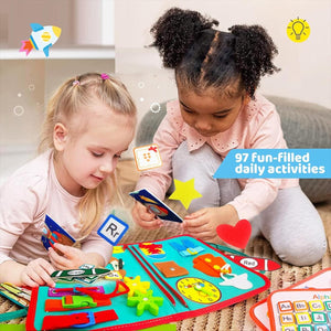 Colorful educational activity book for toddlers, featuring numbers, colors, shapes, and an alphabet board for early learning development by Usmile Toys." www.usmile.toys