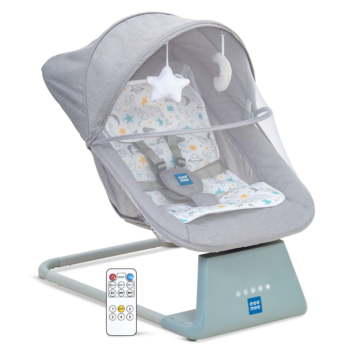 Mee Mee Electric Baby Rocking/Swing Chair in grey, with a detachable mosquito net canopy, hanging toys, and a remote control for soothing melodies and motions. Ideal for infant comfort and relaxation on usmile.toys. www.usmile.toys