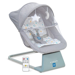 Mee Mee Electric Baby Rocking/Swing Chair in grey, with a detachable mosquito net canopy, hanging toys, and a remote control for soothing melodies and motions. Ideal for infant comfort and relaxation on usmile.toys. www.usmile.toys