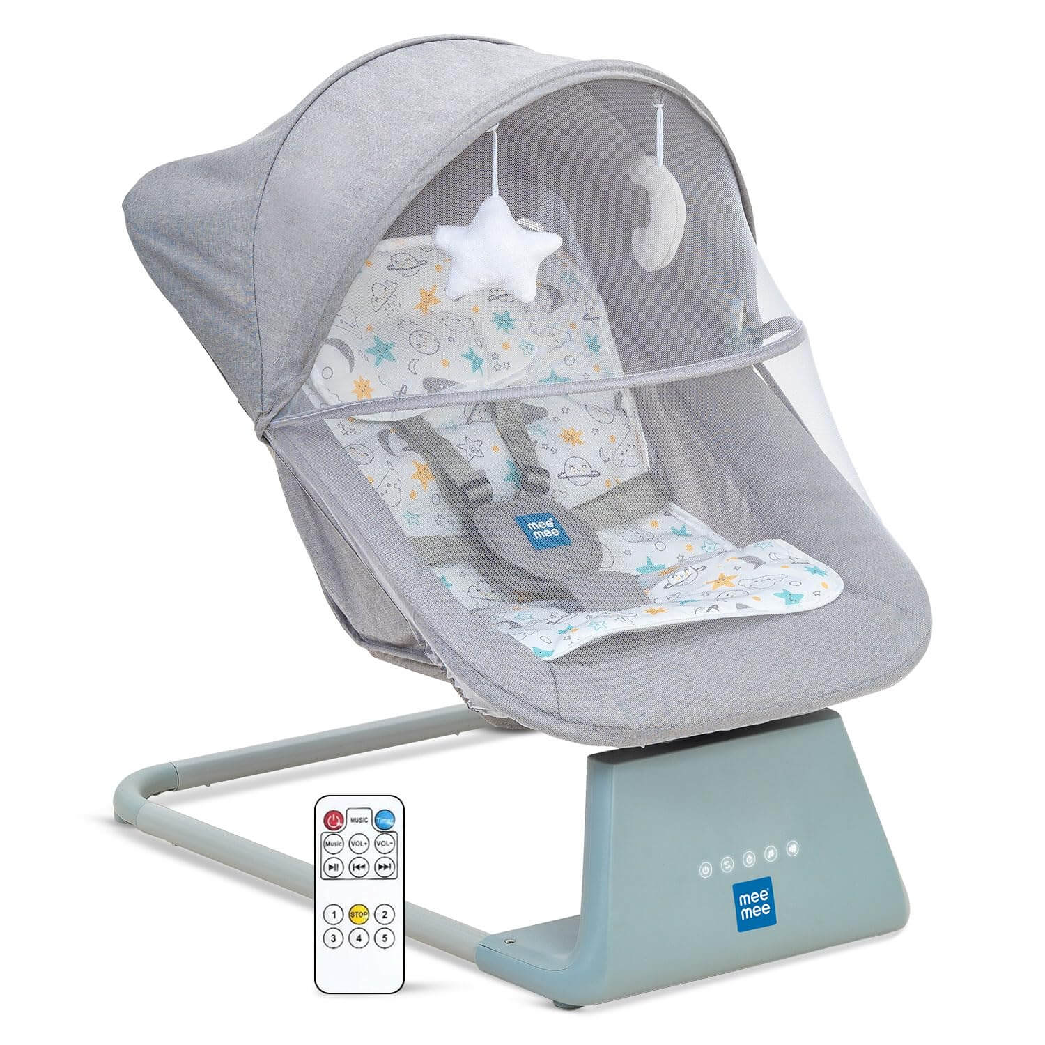 Mee Mee Electric Baby Rocking/Swing Chair in grey, with a detachable mosquito net canopy, hanging toys, and a remote control for soothing melodies and motions. Ideal for infant comfort and relaxation on usmile.toys. www.usmile.toys