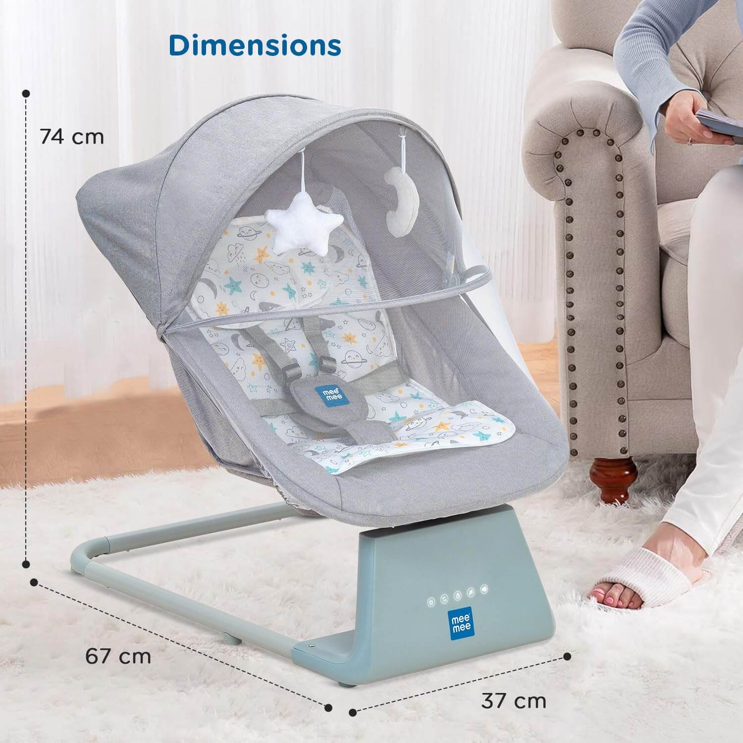 Mee Mee Electric Baby Rocking/Swing Chair in grey, with a detachable mosquito net canopy, hanging toys, and a remote control for soothing melodies and motions. Ideal for infant comfort and relaxation on usmile.toys. www.usmile.toys