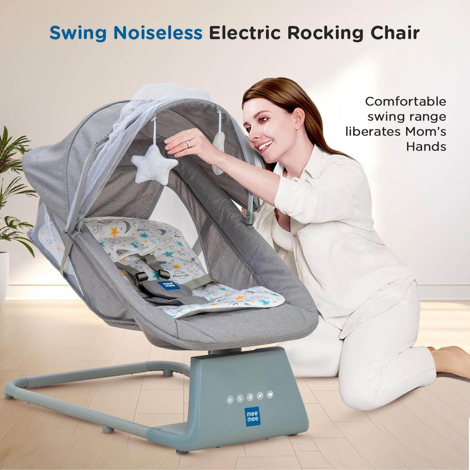 Mee Mee Electric Baby Rocking/Swing Chair in grey, with a detachable mosquito net canopy, hanging toys, and a remote control for soothing melodies and motions. Ideal for infant comfort and relaxation on usmile.toys. www.usmile.toys