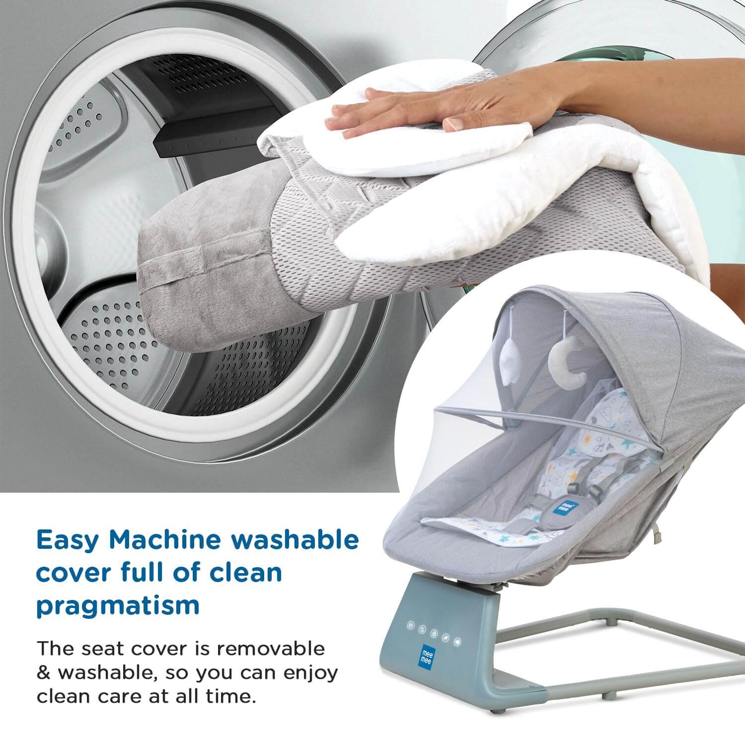 Mee Mee electric baby rocking chair with remote and mosquito net, grey. www.usmile.toys