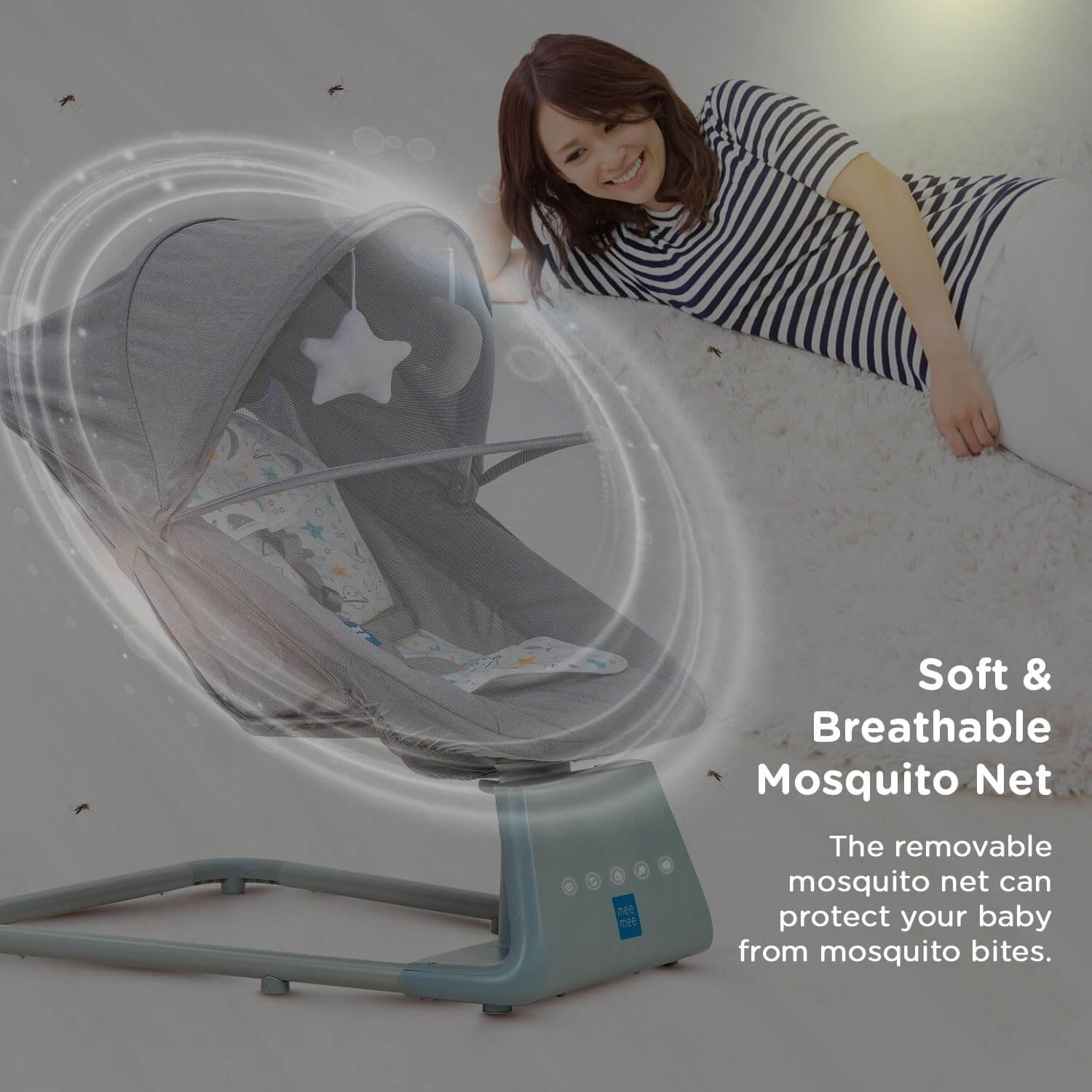 Mee Mee electric baby rocking chair with remote and mosquito net, grey. www.usmile.toys