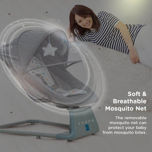 Mee Mee electric baby rocking chair with remote and mosquito net, grey. www.usmile.toys