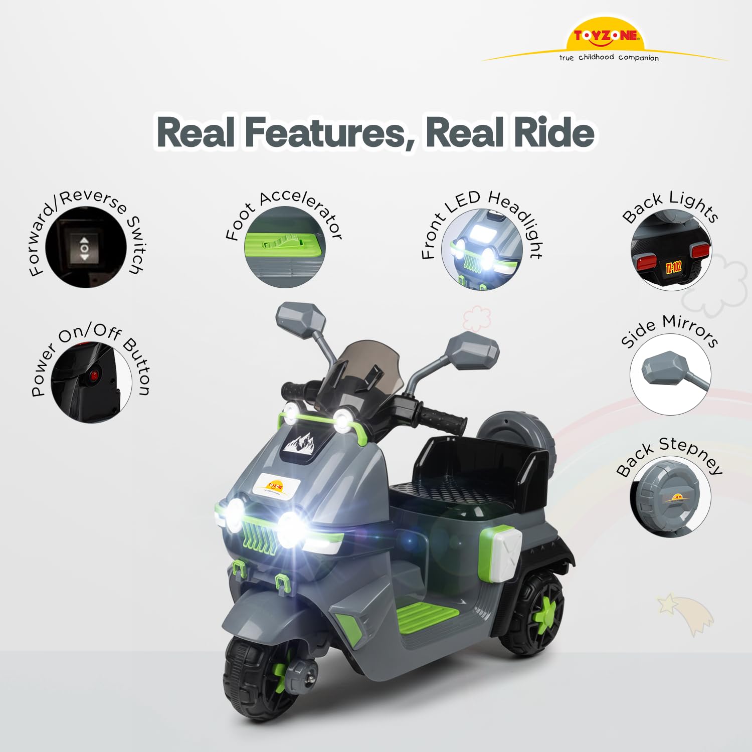 Children's electric scooter with features highlighted Electric Bike for Kids | Electric Ride-On Scooter for Kids 1 to 6 Years www.usmile.toys 