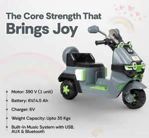 Children's toy scooter with specifications on a light gray Electric Bike for Kids | Electric Ride-On Scooter for Kids 1 to 6 Years www.usmile.toys background