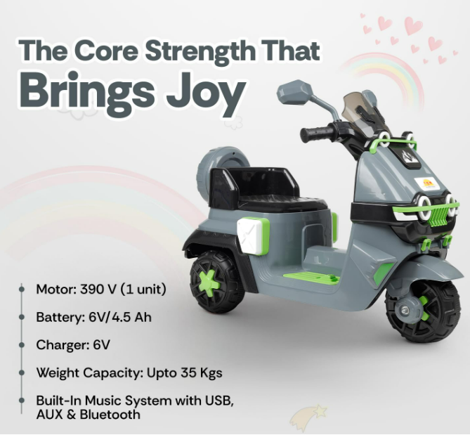 Children's toy scooter with specifications on a light gray Electric Bike for Kids | Electric Ride-On Scooter for Kids 1 to 6 Years www.usmile.toys background