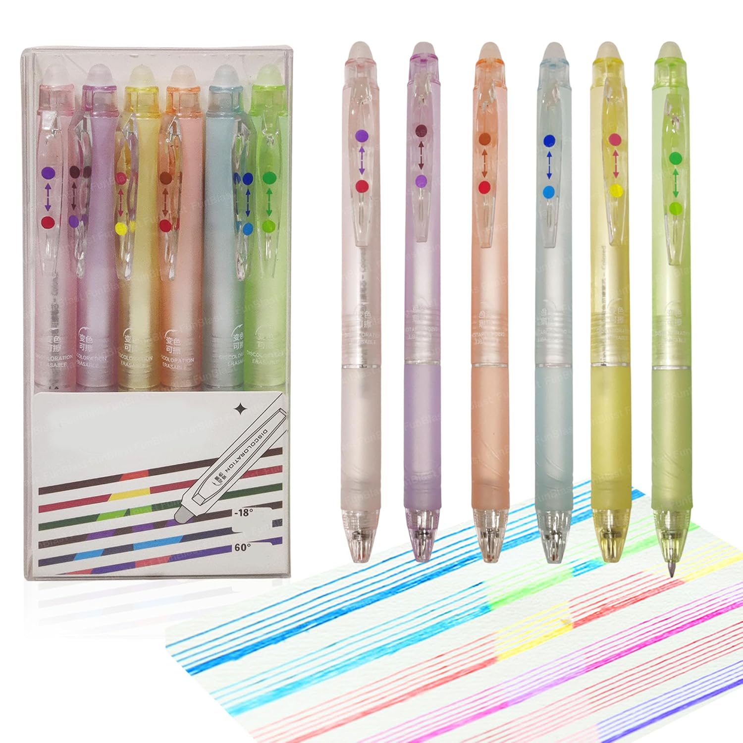 Pack of 6 pastel-colored, erasable gel pens that change color, each with a built-in magic eraser tip, in clear retail packaging. Perfect for creative writing and drawing from uSmile.toys." www.usmile.toys