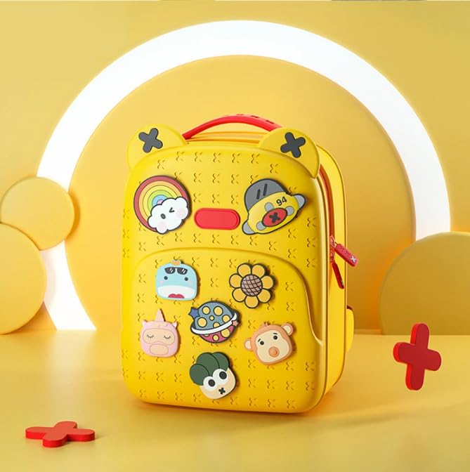 Bright yellow EVA kids school backpack with cartoon character pins and a textured surface, designed to be stylish, durable, and waterproof, perfect for daily school use from Usmile Toys.www.usmile.toys