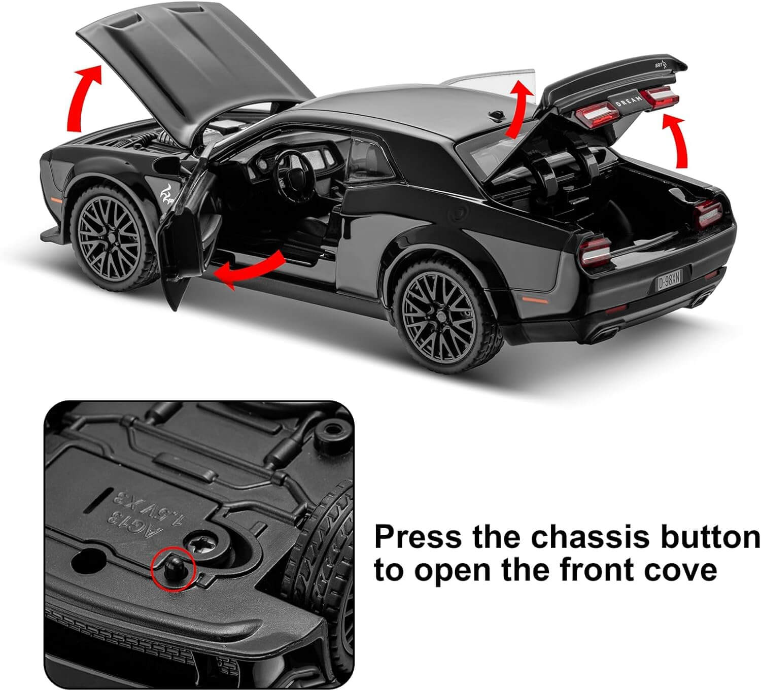 Detailed collectible die-cast sports car in white with a matte black hood, showcasing its sleek design and providing exciting pull-back action, available at Usmile Toys. www.usmile.toys