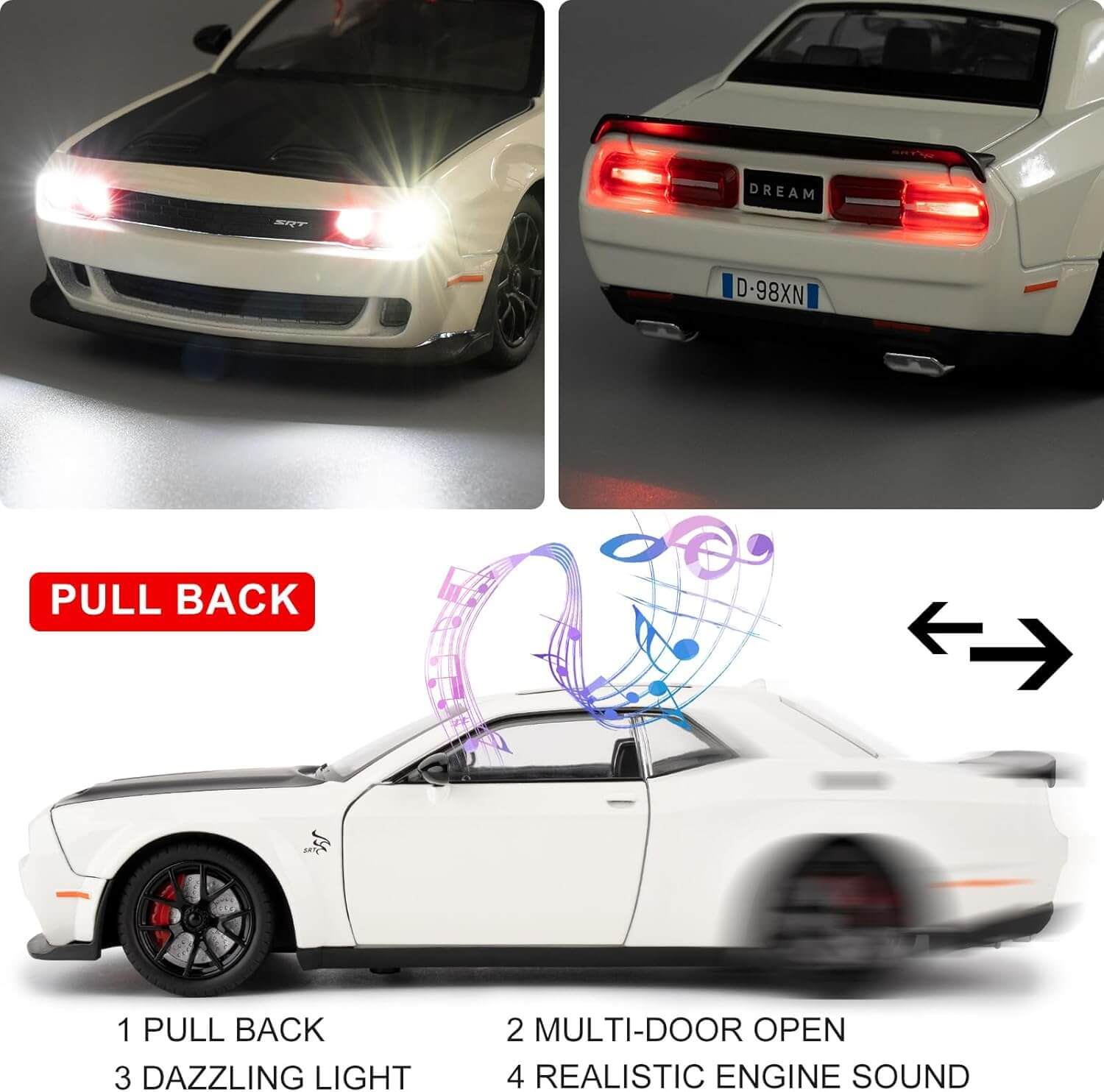 High-quality miniature replica of a powerful white muscle car (Dodge Challenger Hellcat style) with black wheels and red brake calipers, a durable pull-back toy ideal for vehicle enthusiasts from Usmile Toys.www.usmile.toys