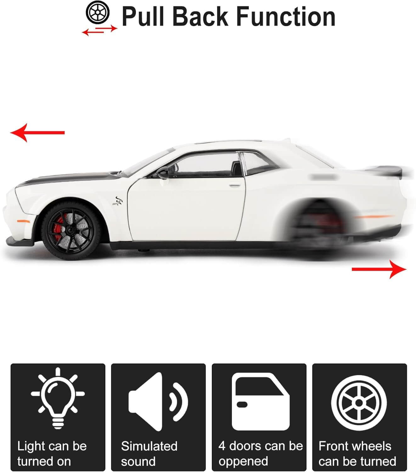 Detailed collectible die-cast sports car in white with a matte black hood, showcasing its sleek design and providing exciting pull-back action, available at Usmile Toys.www.usmile.toys