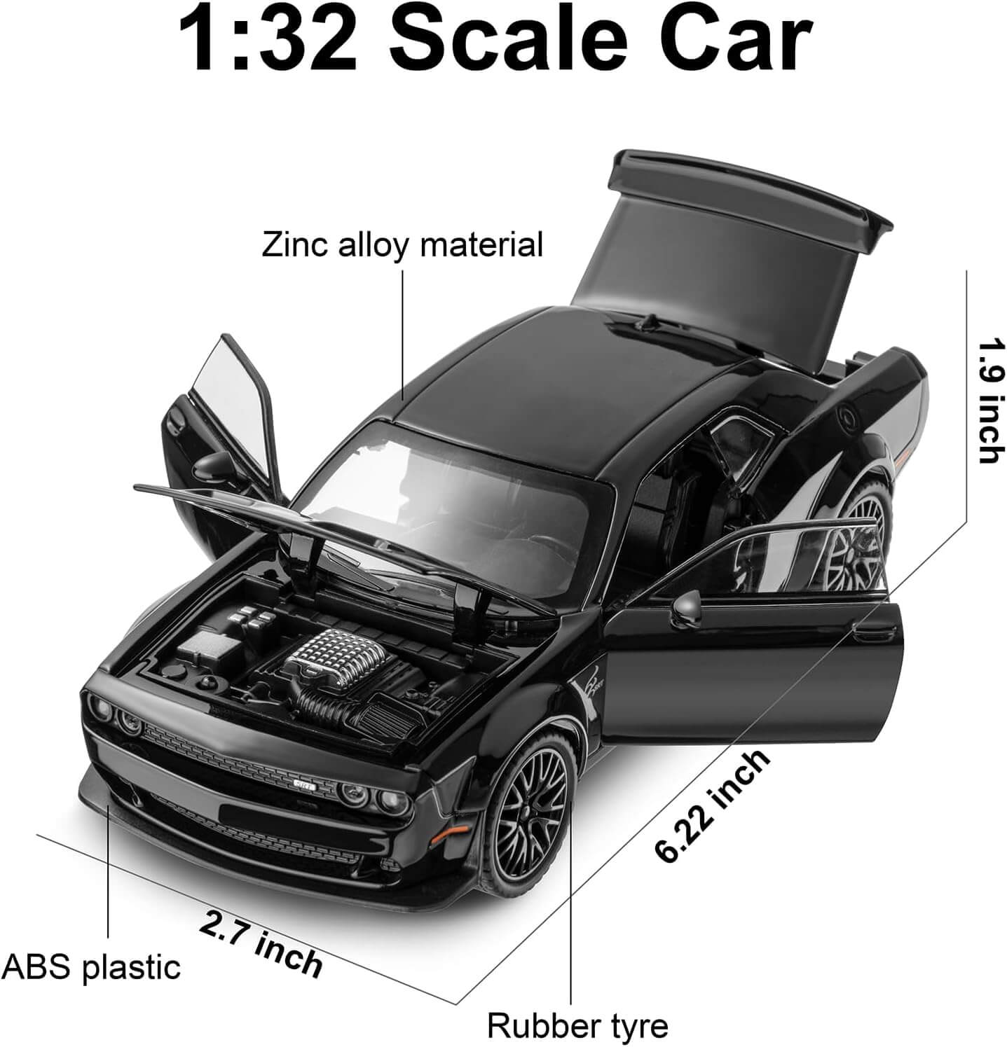 Black model car with open doors and detailed features, labeled with material types and dimensions.