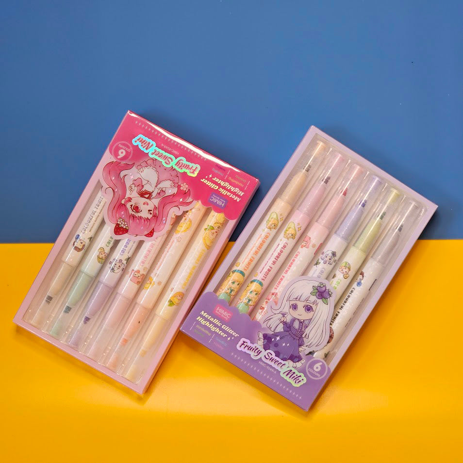 Set of 6 colorful metallic glitter highlighter pens for kids, packaged in two pastel-themed boxes labeled “Fruity Sweet Mix.” Each pen features cute cartoon character prints and soft, vibrant ink colors perfect for journaling, school projects, or creative doodling. The packaging is designed with anime-style illustrations of girls in whimsical outfits, appealing to children and stationery lovers. Displayed on a dual-tone yellow and blue background, this pen set makes a fun and eye-catching gift for birthdays