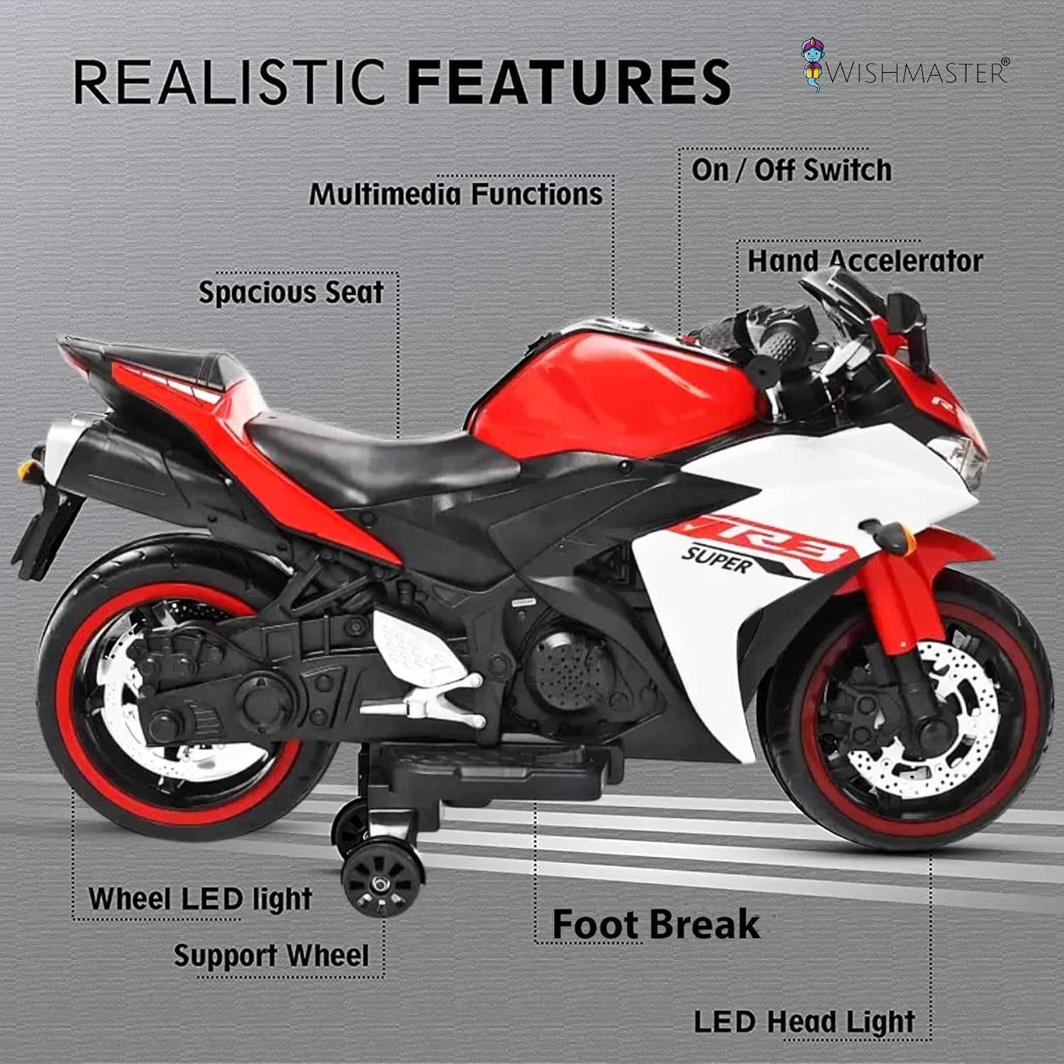 Usmile Toys white Kids Toy Ninja Bike, 12V battery operated electric ride-on motorcycle for children with pink accents WWW.USMILE.TOYS