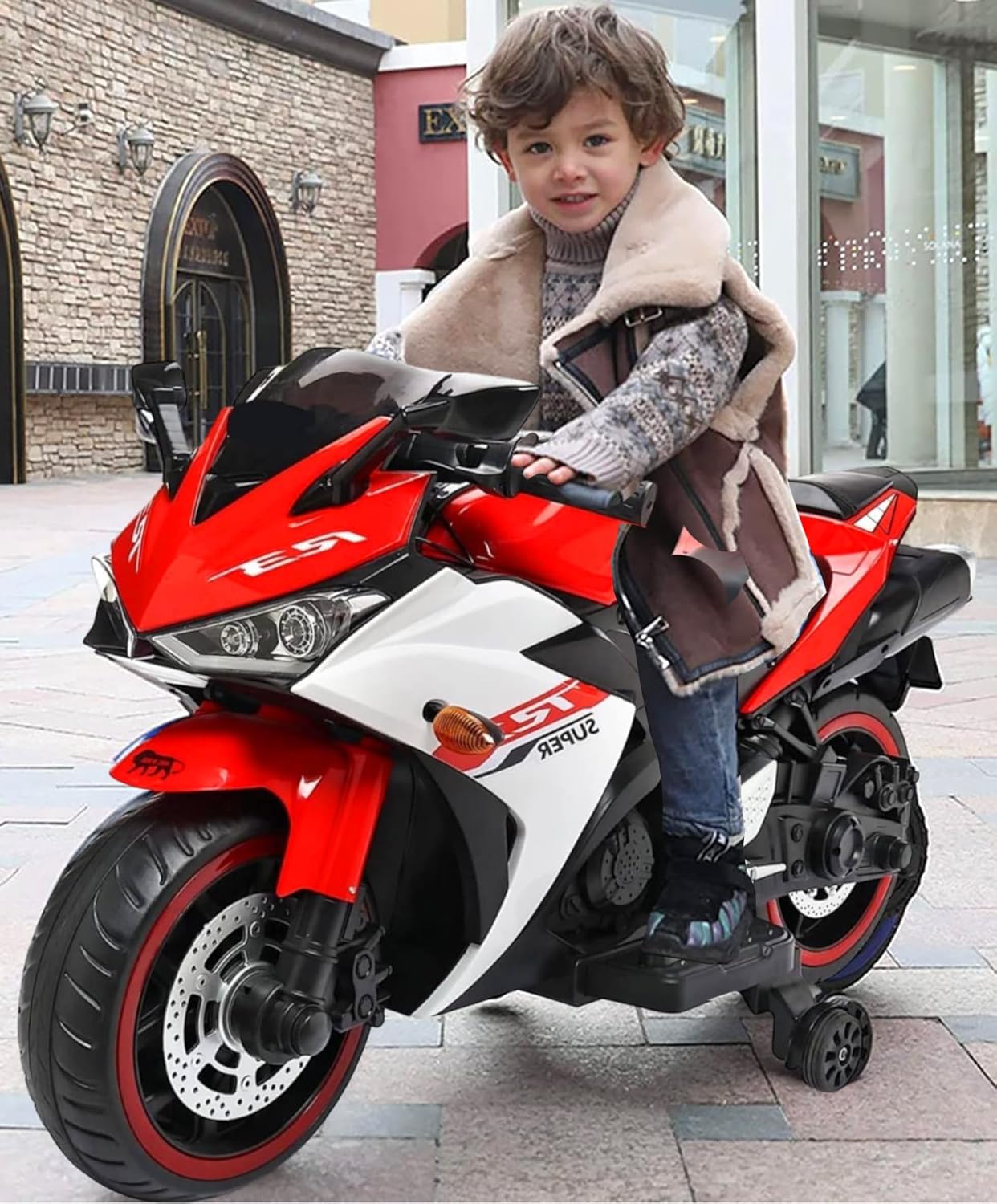 Usmile Toys white Kids Toy Ninja Bike, 12V battery operated electric ride-on motorcycle for children with pink accents WWW.USMILE.TOYS