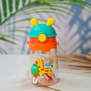 Set of three colorful kids water bottles with cute animal prints, featuring bunny, giraffe, and dragon designs. Each bottle includes a playful lid with 3D cartoon ears and comes with a matching strap for easy carrying. These BPA-free, leak-proof bottles are ideal for school, travel, and outdoor use—perfect addition to kids stationery and daily essentials